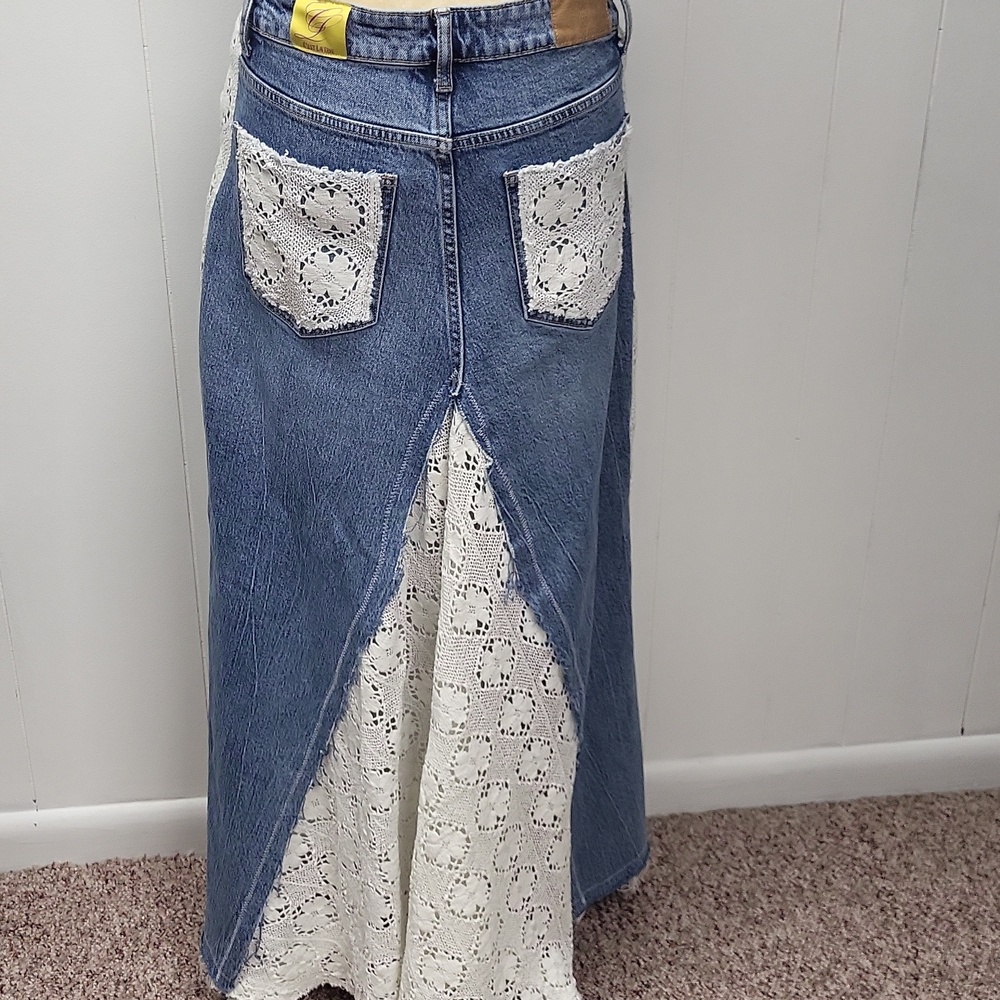Boho Denim Maxi Skirt with White Lace Panels, Size 8 - Picture 6 of 11